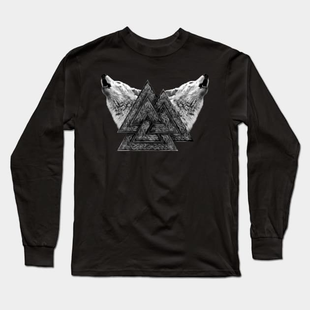 Valknut Symbol and Wolves Long Sleeve T-Shirt by Nartissima